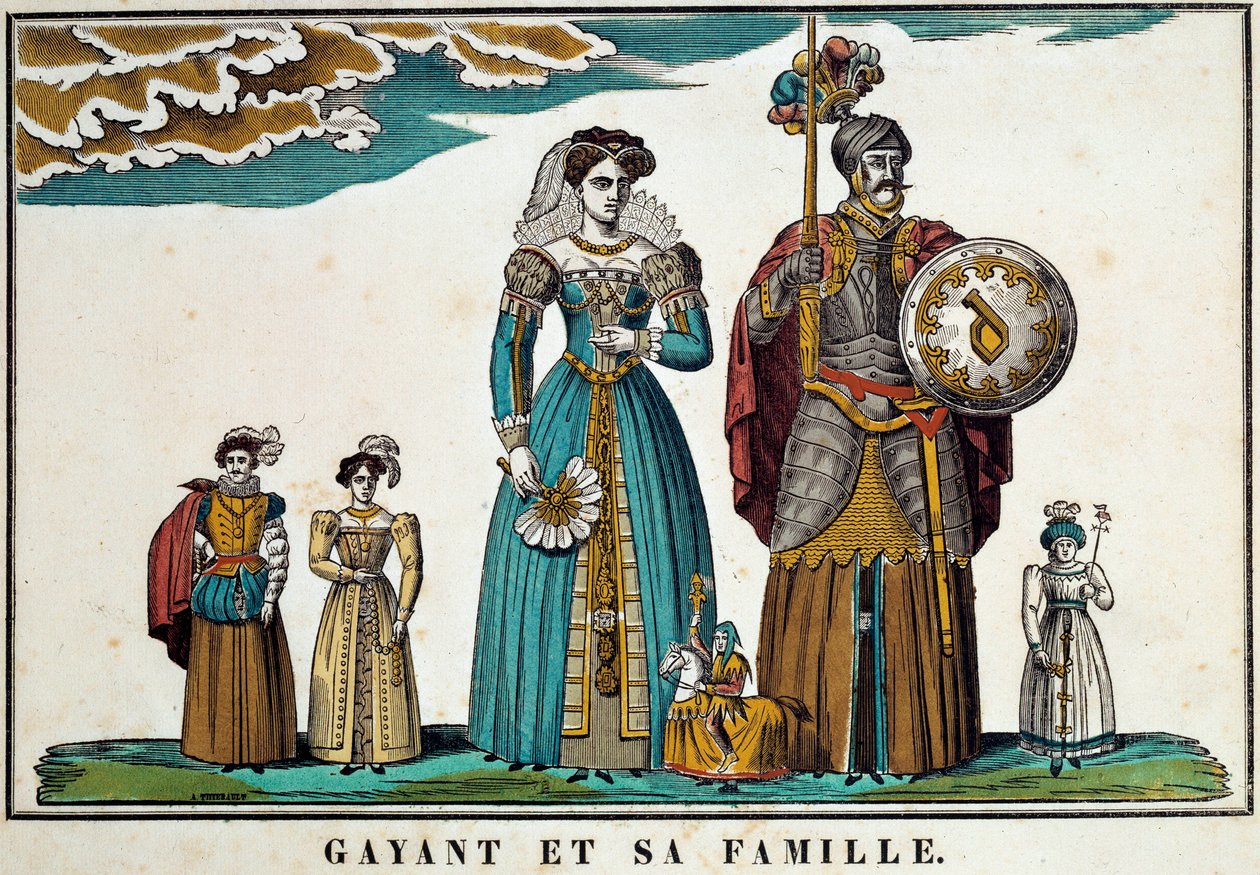 Portræt af Gayant, en kæmpe, der symboliserer byen Douai, sammen med sin familie: hans kone, Marie Cagenon, og hans tre børn, Jacquot, Fillon og Binbin. 18. århundredes gravering, billedkunst af Belfort. Ferrand-samlingen af French School
