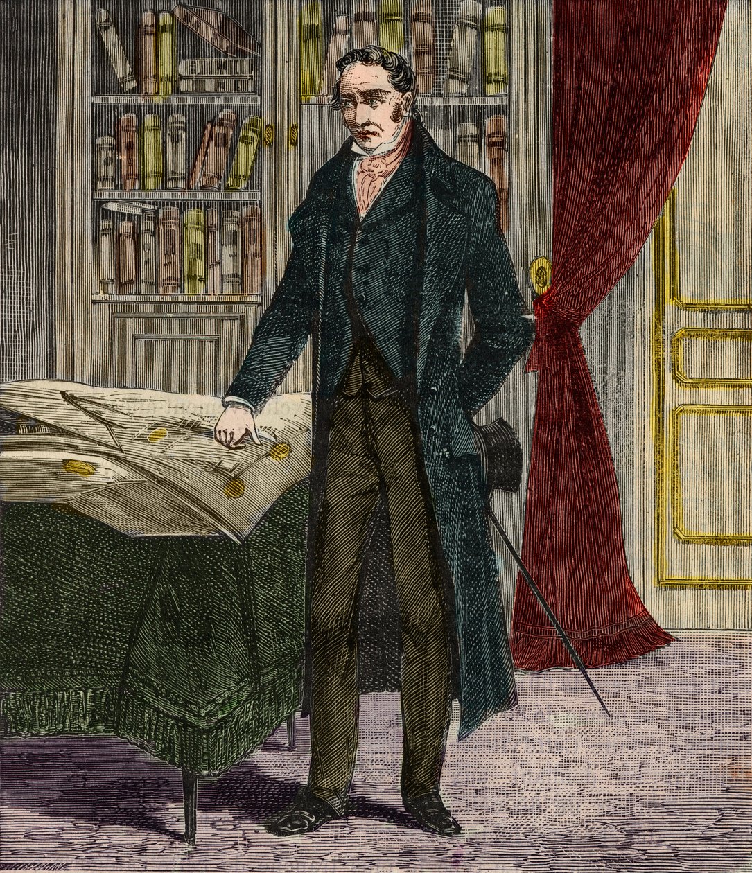 Portræt af George Stephenson (1781-1848), britisk ingeniør og pioner inden for jernbanelokomotiver - Indgravering i "" Videnskaber på rækkevidde af alle - Populær fysik og kemi" af Alexis Clerc - Slutningen af det 19. århundrede - Privat samling af French School
