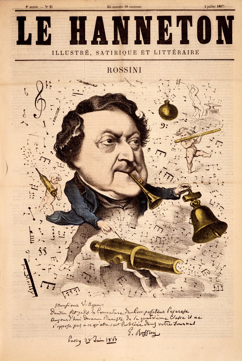 Portræt af Gioacchino Rossini (1792-1868) - i "" Le Hanneton "" af 04/07/1867 af French School
