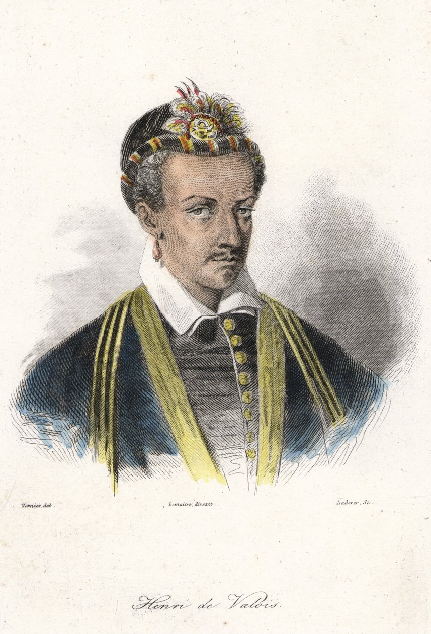 Portræt af Henrik III (1551 - 1589), konge af Frankrig. (med en ørering). Gravering 1800-tallet. af French School