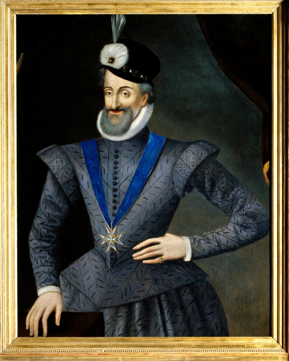 Portræt af Henrik IV (1553-1610) konge af Frankrig. Han har halskæden med insignier af Helligåndsordenen (Helligåndsordenen). Anonymt fransk maleri fra det 17. århundrede. Olie på lærred. Mål: 0,95x1,13m. Obligatorisk omtale: Sully sur Loi af French School