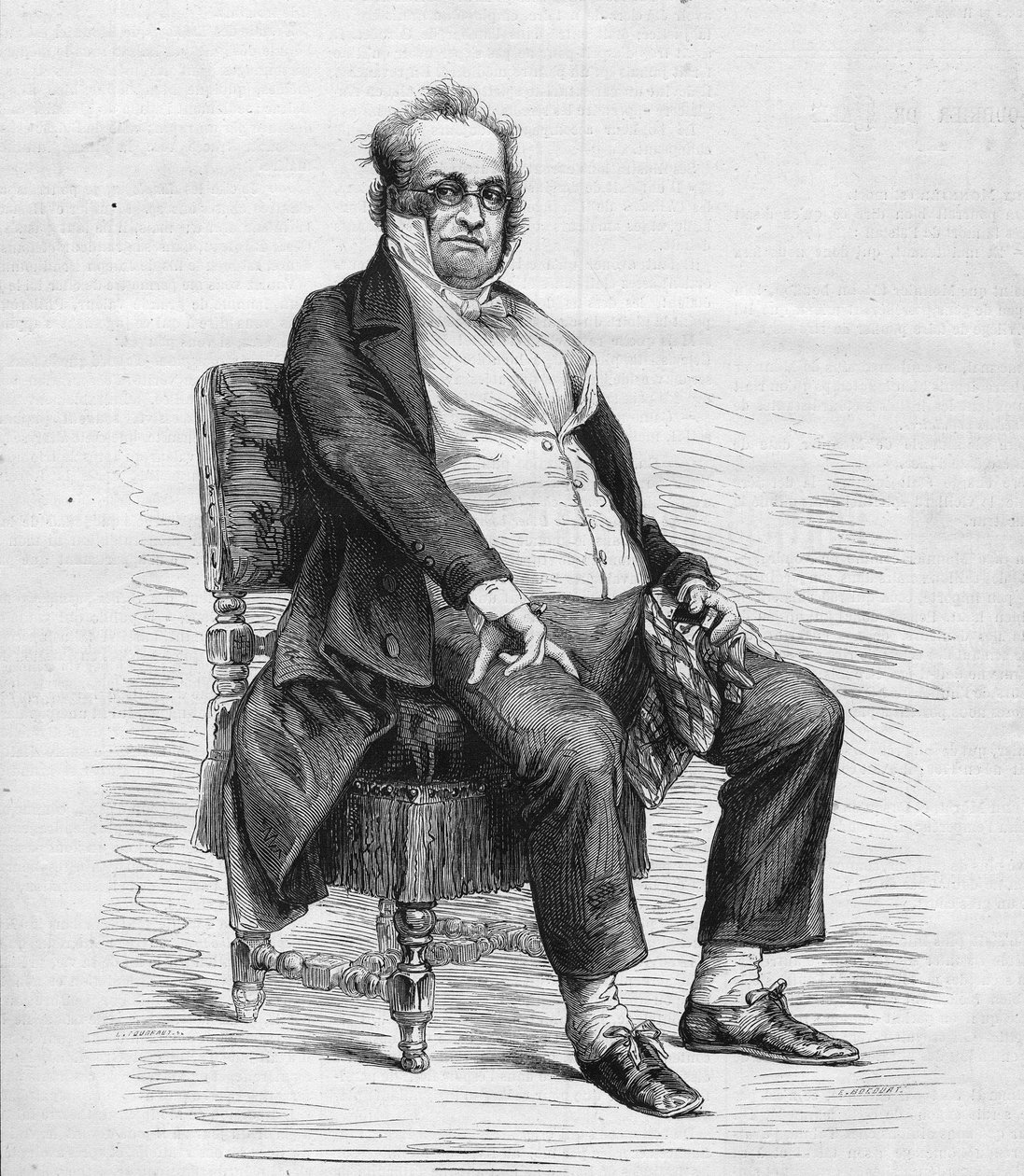 Portræt af Henry Monnier (1799-1877), fransk dramatiker, tegneserietegner og komiker. Han er klædt ud som "Monsieur Prudhomme", en karakter opfundet af Monnier, en tegneserie af de franske borgerlige i det 19. århundrede. Indgravering i "" Le Monde Illustr af French School