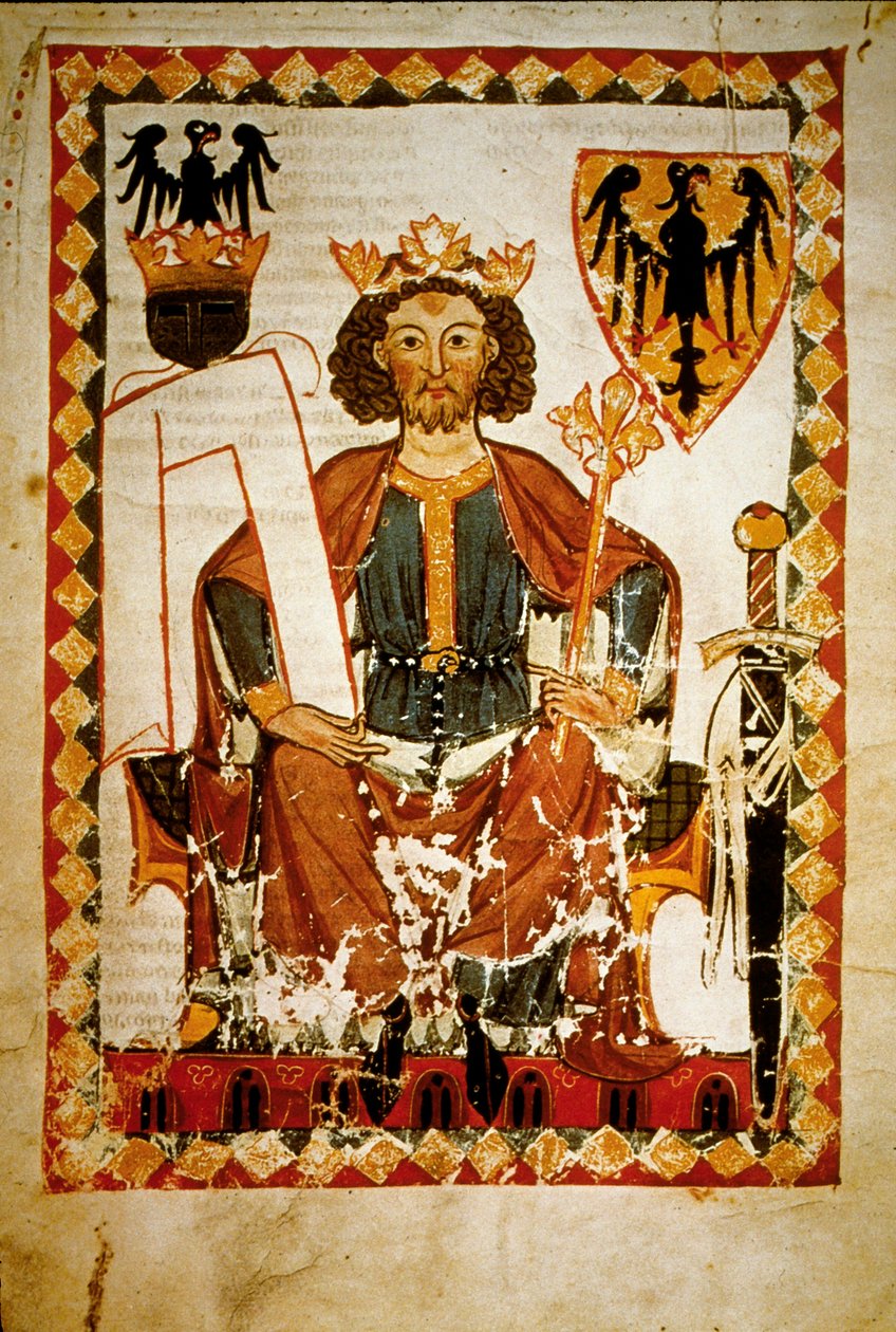 Henry VI:n (1165-1197), Saksan, Sisilian kuninkaan ja Pyhän Rooman valtakunnan keisarin muotokuva. Codex “Manesse” pienoismalli af French School