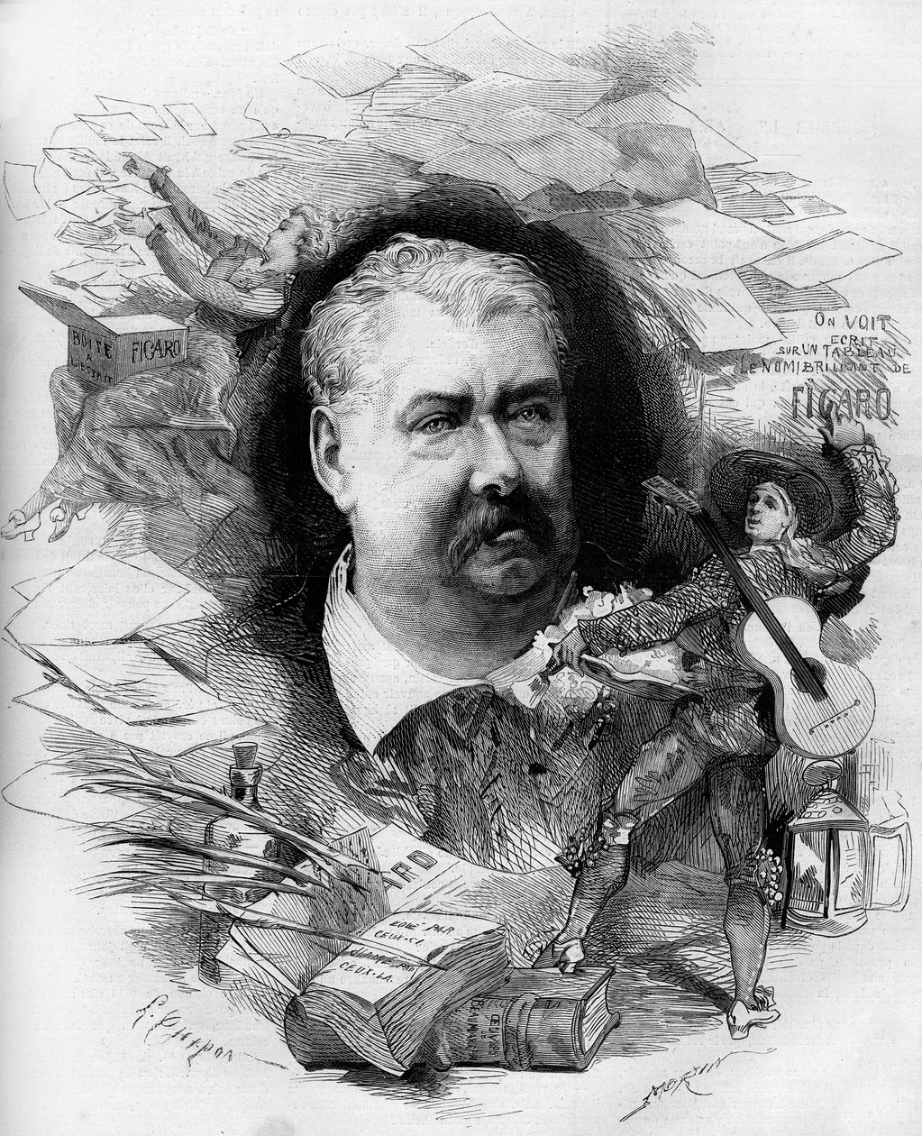 Portræt af Hippolyte de Villemessant (1810-1879), fransk journalist, grundlægger af "Figaro". Indgravering i "" Le Monde Illustré"" nr. 1151 af 19. april 1879. af French School