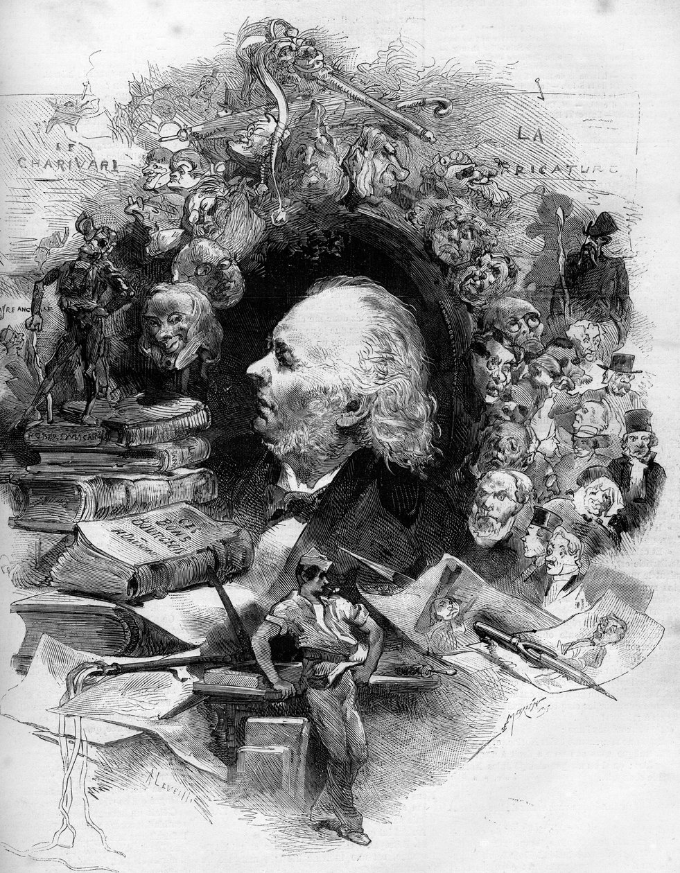 Portræt af Honore Daumier (1808-1879), fransk tegneserieskaber, maler og tegner. Indgravering i "" Le Monde Illustré"" nr. 1143 af 22. februar af French School