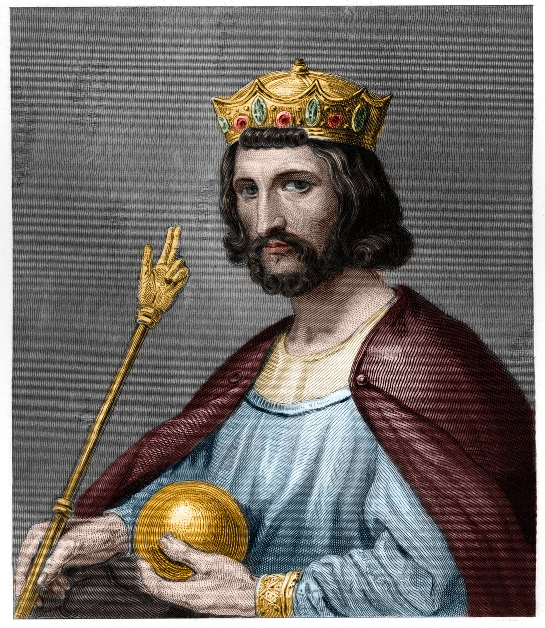 Portræt af Hugues I Capet (v. 941 - 996), hertug af Frankrig og derefter konge af Frankrig - i "Histoire des Francais"" af Lavallée, stik, sd. af French School