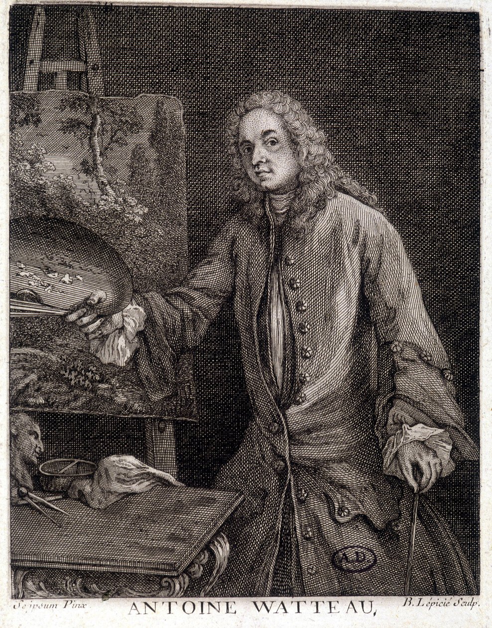 Portræt af Jean Antoine Watteau (1684-1721), fransk maler - kobberstik af French School