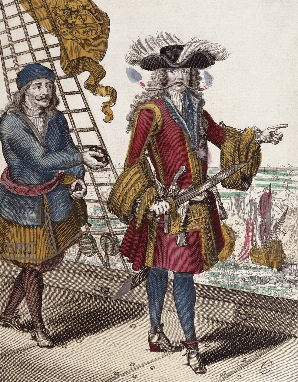 Portræt af Jean Bart (1650-1702) med en brændende lunte i munden under et sømøde (farvegravering) af French School