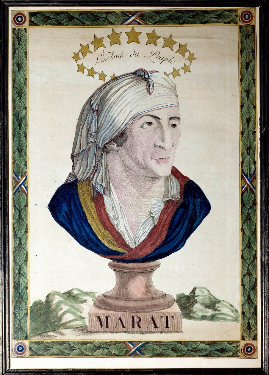 Portræt af Jean Paul Marat, fransk læge, journalist og politiker (1743-1793), folkets ven. Radering med stærkt vand og mejsel fra 1700-tallet. Paris, Musée Carnavalet. af French School
