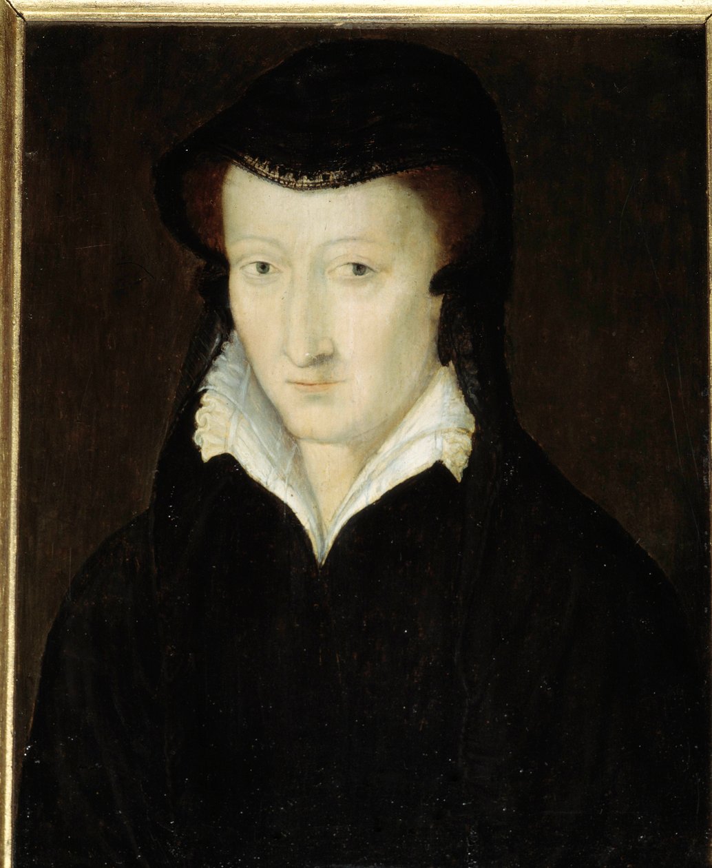 Portræt af Jeanne af Albret, suveræn prinsesse af Bearn, dronning af Navarra (1582-1572), mor til Henrik IV, i enkedragt efter 1562 ca. 1563-1570 Anonymt maleri af den franske skole. 16. århundrede. Svag. 0,18x0,14 m. af French School