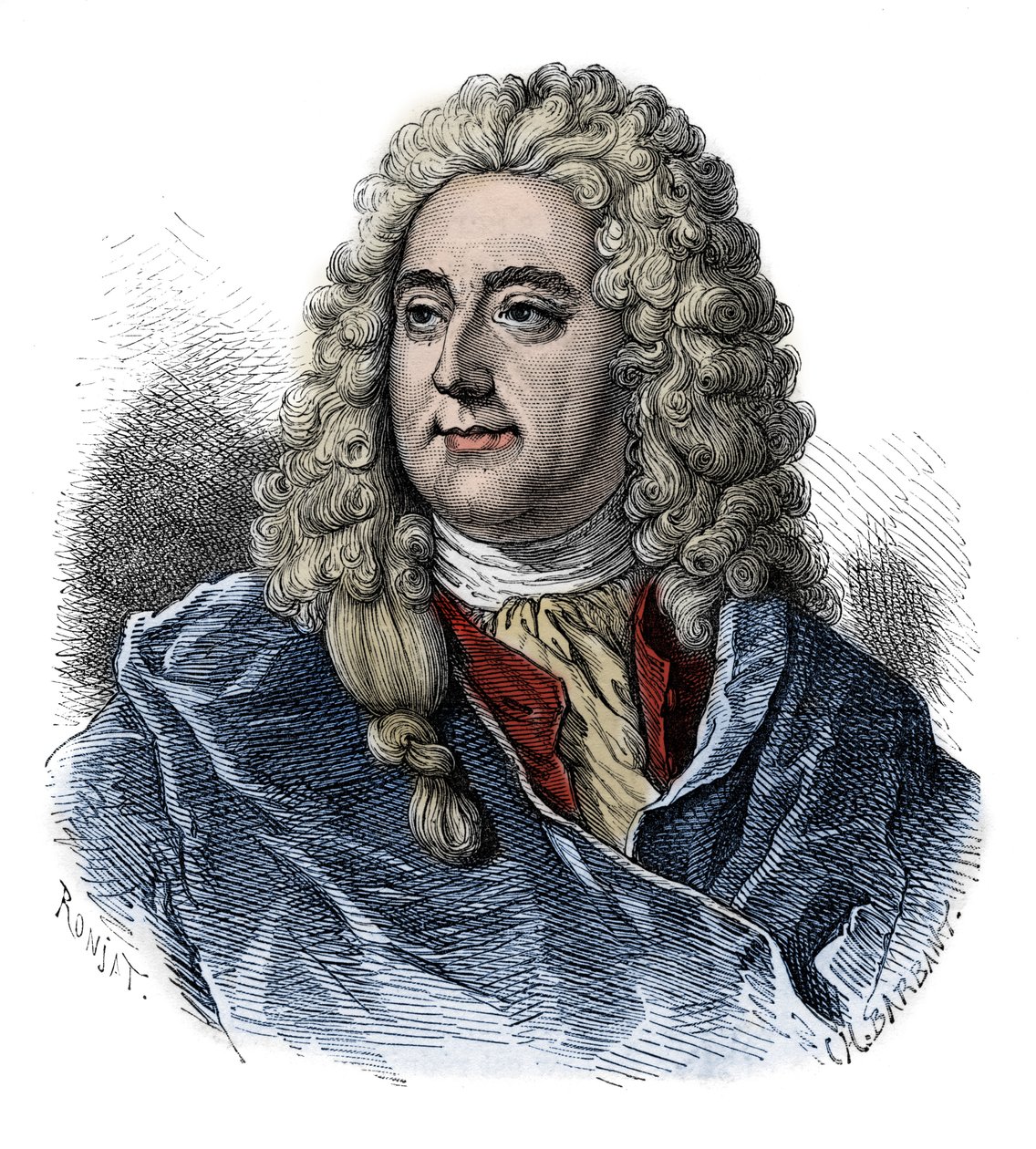 Portræt af John Law (1671 - 1729) finansinspektør, skotsk finansansvarlig for konkursen (Event of The Rue Quincampoix) - gravering fra "" L