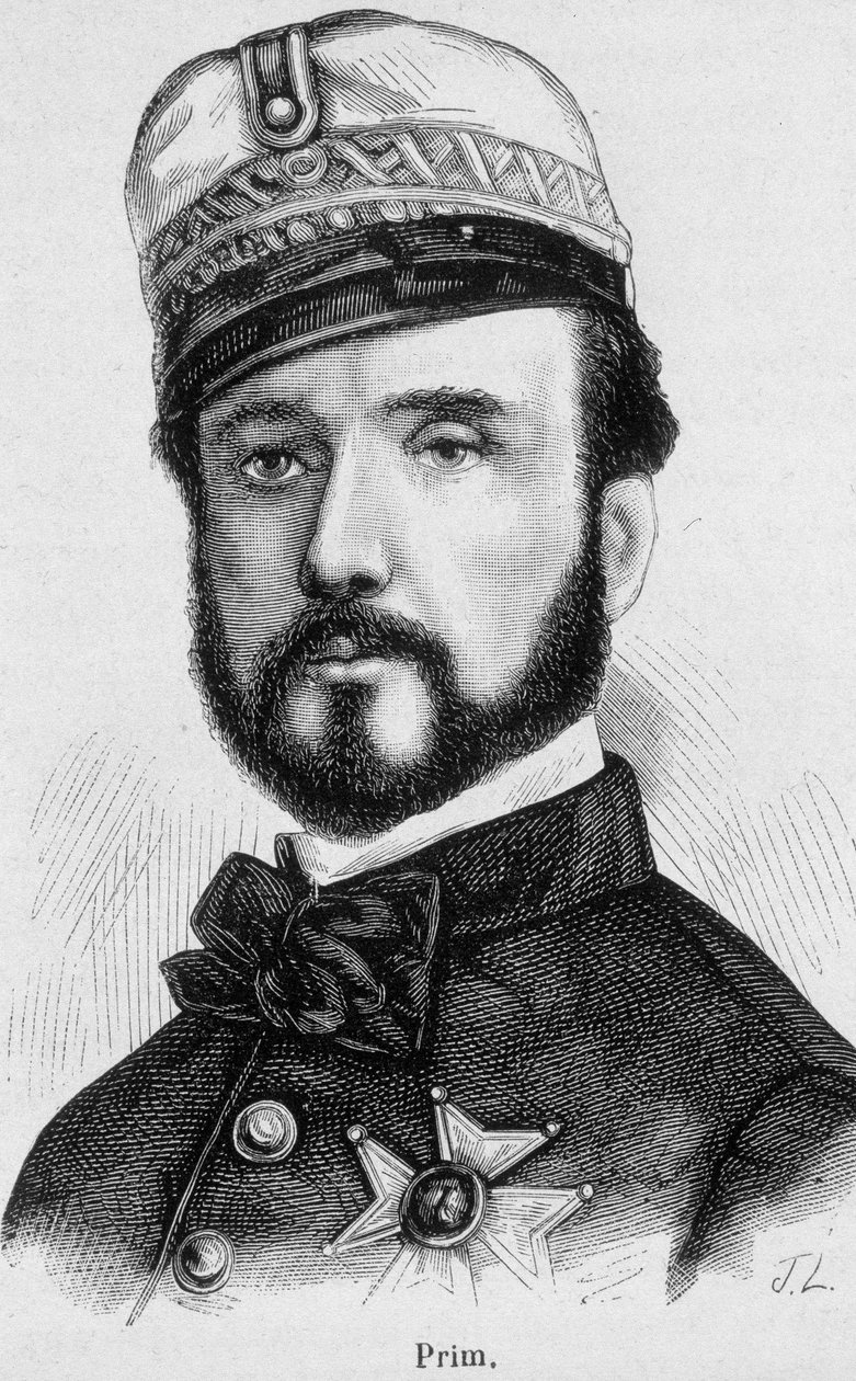 Portræt af Juan Prim y Prats, spansk general og politiker (1814 - 1870) - i "The History of France" af Henri Martin af French School