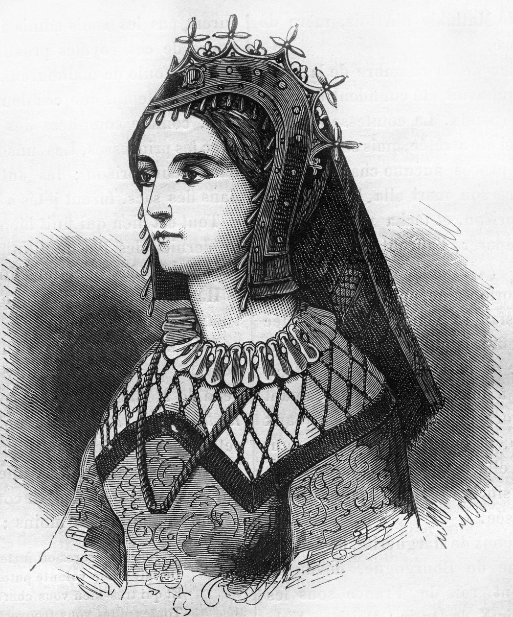 Portræt af Judith af Frankrig (843-870), dronning af Wessex, daværende grevinde af Flandern. Indgravering i "Historien om prostitution og udskejelser i klodens folk fra oldtiden til i dag"" af Dr. Th. -F. Debray. 1879. af French School