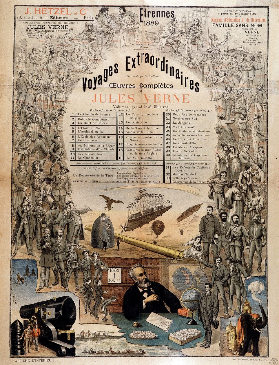 Portræt af Jules Verne og scener fra hans værker - Reklameplakat for hans samlede værker af French School