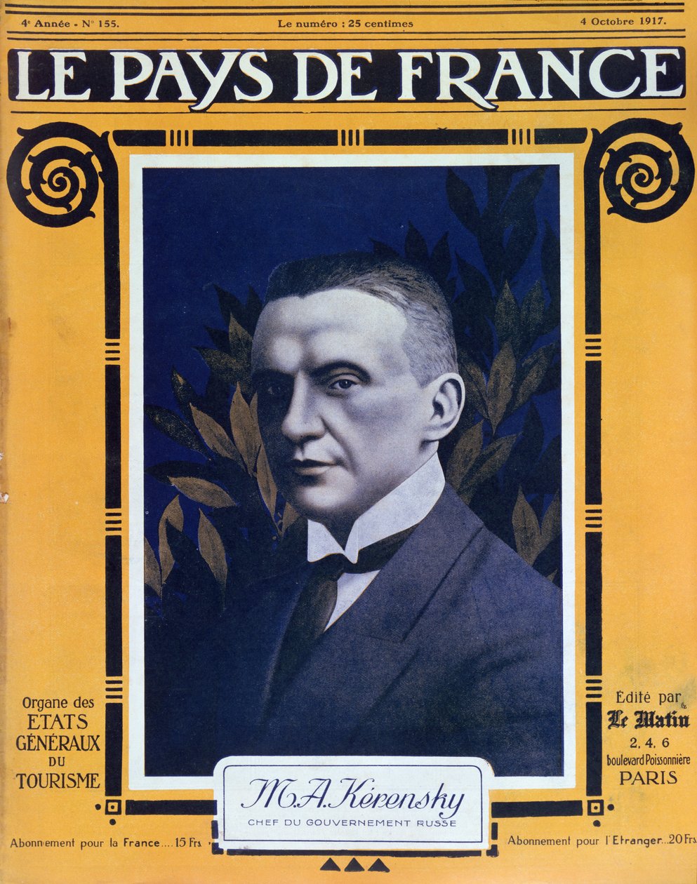 Portræt af Kerensky, forsiden af det franske magasin Le Pays de France, 4. oktober 1917 af French School