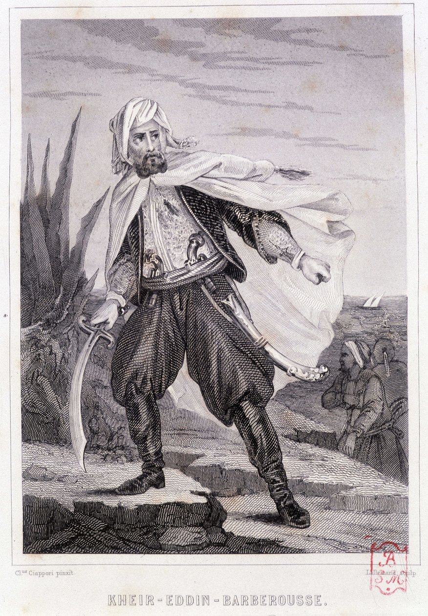 Portræt af Kheir - Eddin - Barberousse, tyrkisk pirat fra det 16. århundrede - i "" History of the pirates and the corsairs of the Ocean and the Mediterranean"" af P. Christian, Paris, D. Cavaillés ed., bind 1 af French School