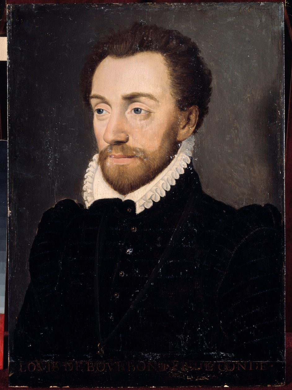 Portræt af Louis I af Bourbon, den første prins af Conde (Bourbon-Conde) (1530-1569) i 1561. Maleri af den franske skole i det 16. århundrede. Svag. 032x0,23m. Versailles, slottene i Versailles og Trianon af French School