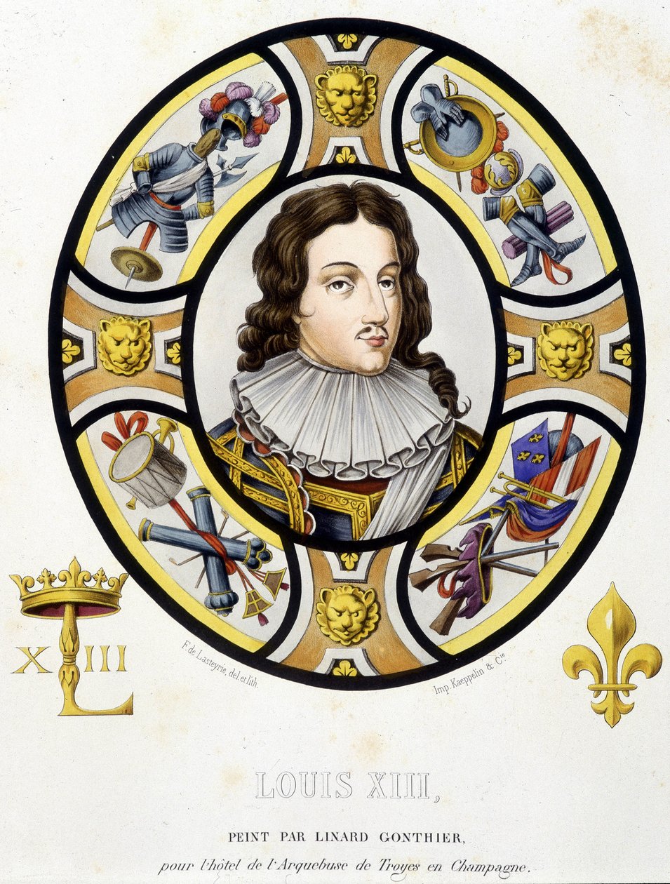 Portræt af Louis XIII, konge af Frankrig (1601-1643). Faksimile af et farvet glas fra middelalderen i "Histoire de la peinture sur verre"" af Ferdinand de Lasteyrie af French School