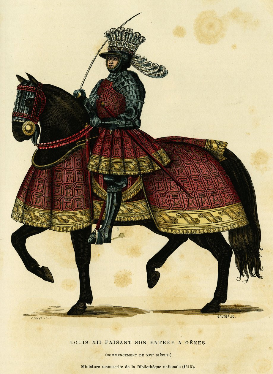 Portræt af Ludvig XII, konge af Frankrig (1462-1515), der gør indtog i Genes den 26. august 1502. Farvestik efter et miniaturemanuskript af nationalbiblioteket (1515), i "France et les francais a travers les centuries" af Augustin Challamel, F.Roy af French School