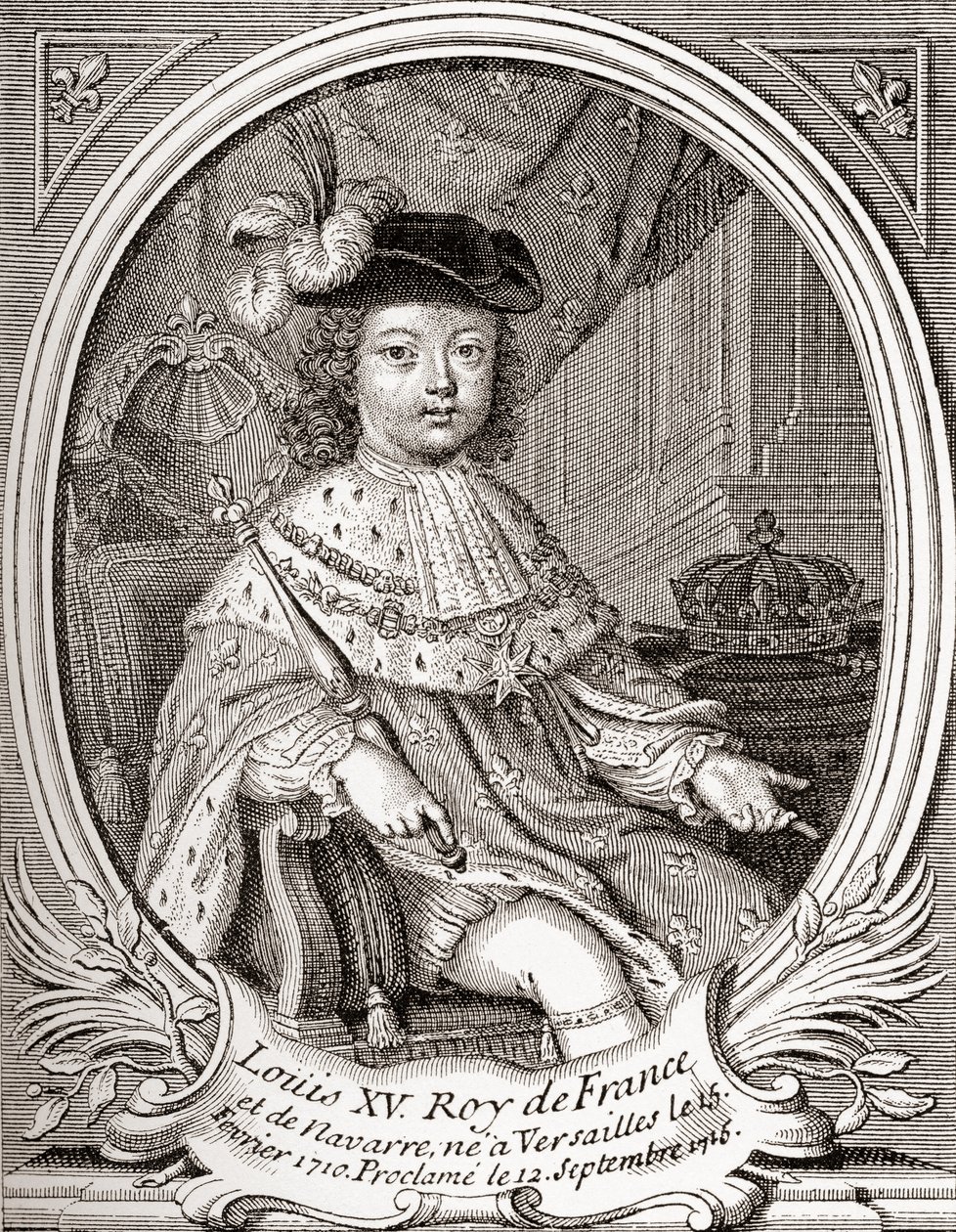 Portræt af Ludvig XV som barn, 1710 1774. Bourbonmonark, der regerede som konge af Frankrig og Navarra. Fra Les Heures Libres udgivet 1908. af French School