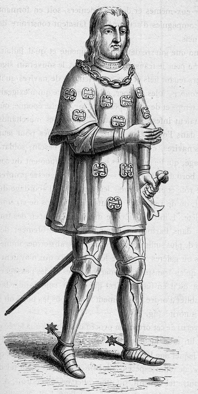 Portræt af Louis de Malet, herre over Graville (ca. 1441-ca. 1519), admiral af Frankrig i 1487, i krigs- og turneringsdragt. Gravering i "La Marine et les kolonier: handel" af French School