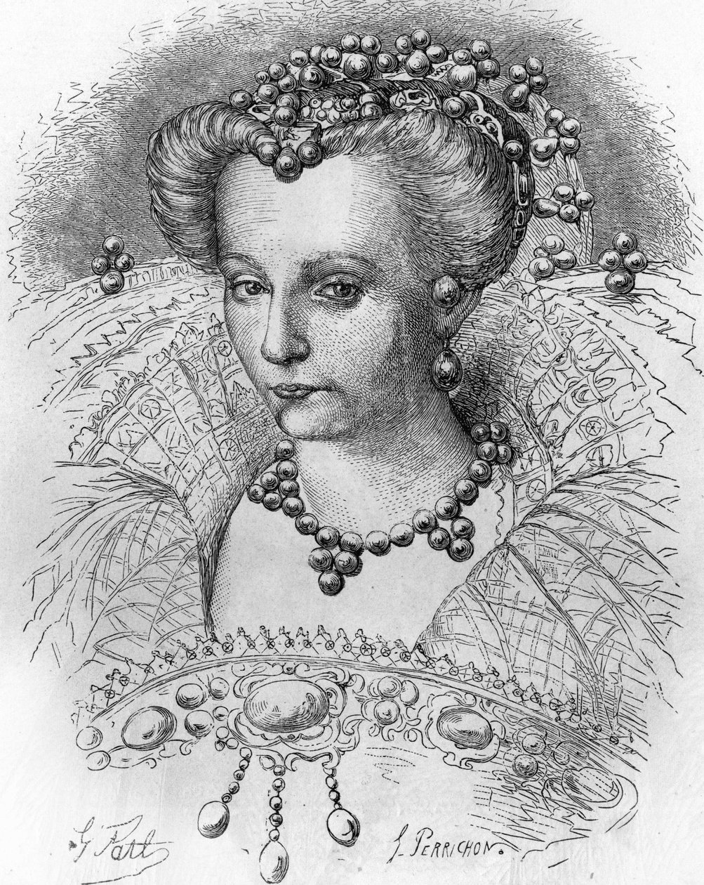 Portræt af Louise de Lorraine (1553-1601), kone til Henri III. I ""Popular History of France"", nd. ca. 1885. Stik. af French School