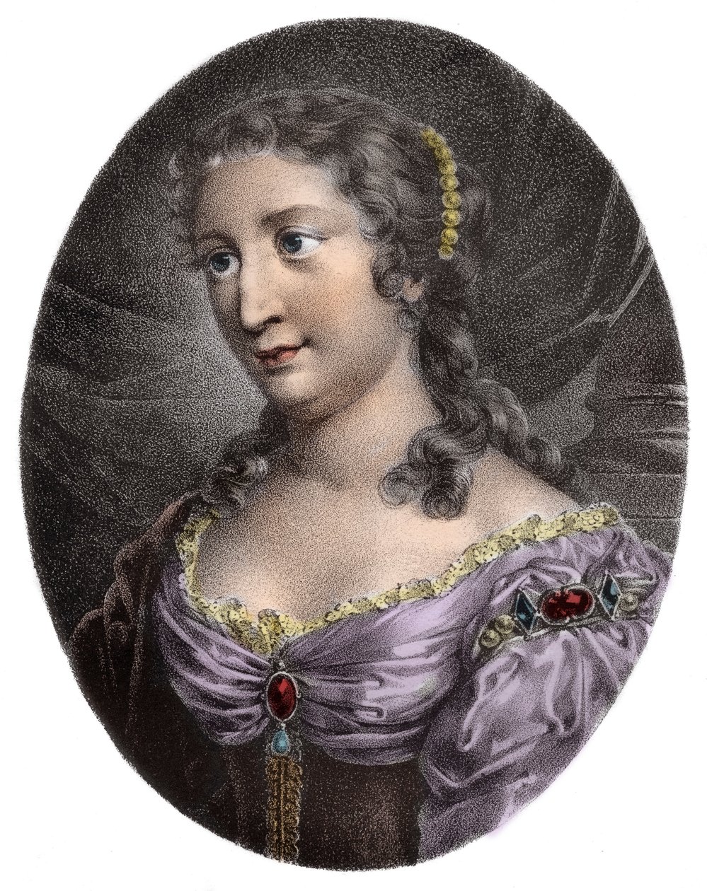 Portræt af Madame de La Fayette, fransk romanforfatter (gravering) - Marie-Madeleine (Marie Madeleine) Pioche de La Vergne, Comtesse de Lafayette (Madame de la Fayette) (1634-1693). Indgravering af det 19. århundrede. af French School