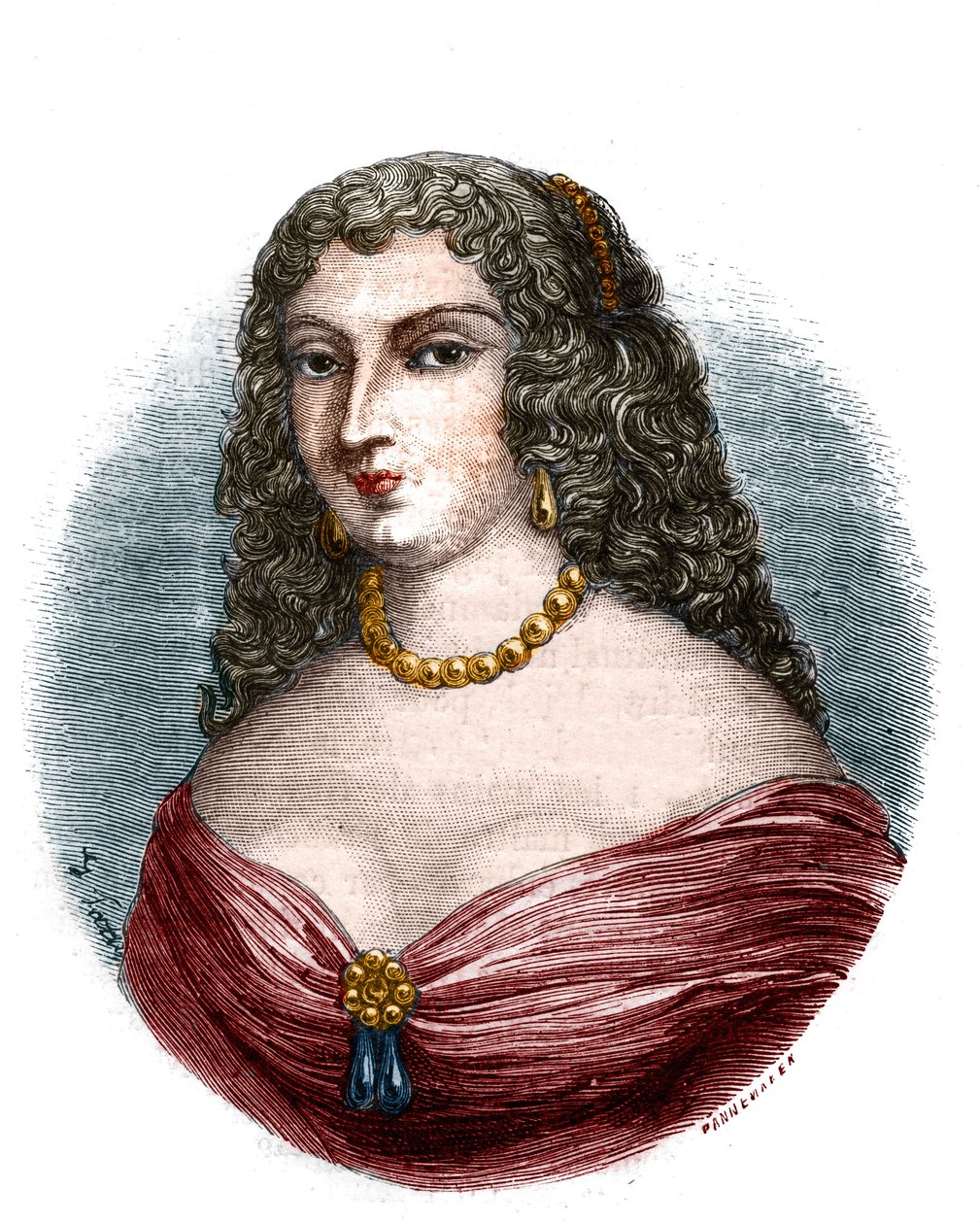 Portræt af Mademoiselle de la Fayette (Louise de La Fayette 1618-1665) elskerinde i titel, men uden funktioner af kong Ludvig XIII set faderens impotens"" Indgravering i "Histoire des papes-kings-queens-et-empereurs a travers les århundreder""" af Mau af French School