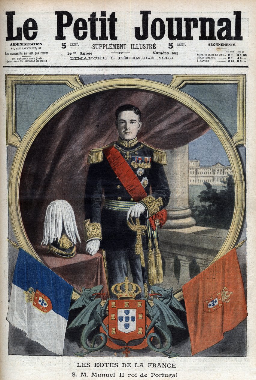 Portræt af Manuel II, konge af Portugal (1889-1932) under hans besøg i Paris - "Le Petit Journal" af 5. december af French School