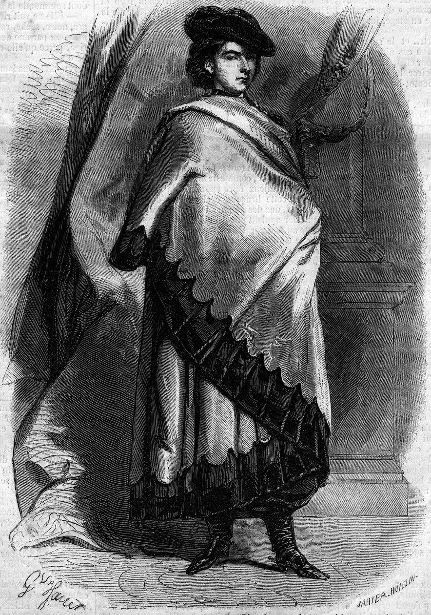 Portræt af Marie Sophie Amelie (1841-1925), hertuginde af Baviere og dronning af de to Sicilier, kone til Francois II, i calabrisk dragt. Indgravering i "" Le Monde Illustré"" nr. 194 af 29. december 1860. af French School