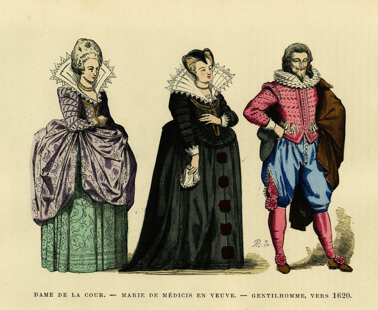 Portræt af Marie de Medicis (1573-1642), dronning af Frankrig, i enkens skik, omgivet af en hofdame og en herre, ca. 1620. Farvestik, i “France et les francais a travers les siecles”” af Augustin Challamel, F.Roy-redaktør, Paris 18 af French School