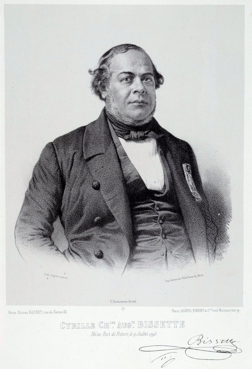 Portræt af den Martinicesiske politiker Cyrille Charles Auguste Bissette (1795-1858), en stor tilhænger af afskaffelsen af slaveriet i Frankrig. Indgravering af Chartres fra det 19. århundrede, Musee des Beaux Arts af French School