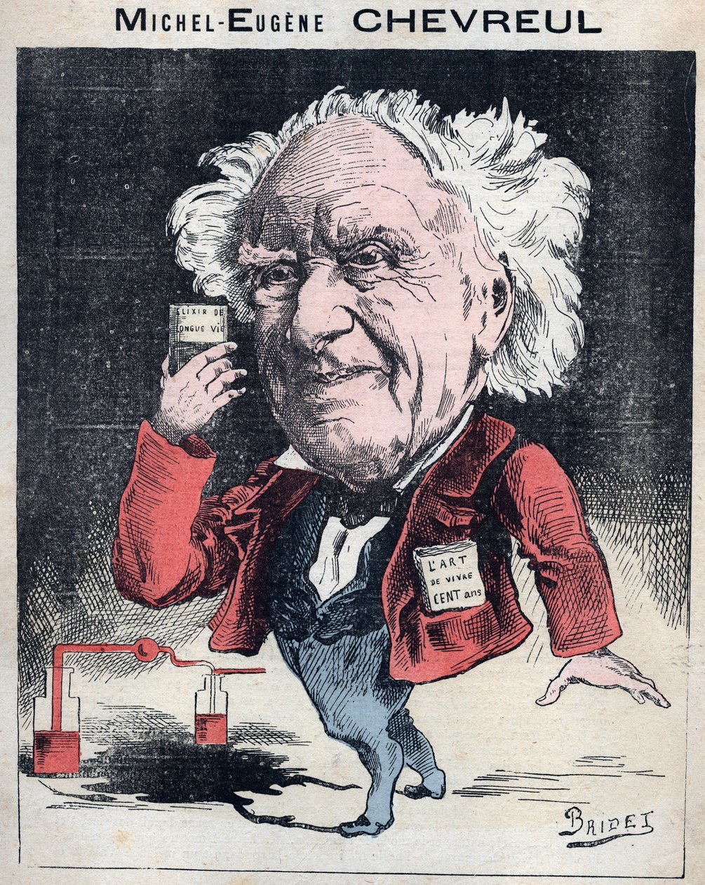 Portræt af Michel Eugene (Michel-Eugene) Chevreul (1786-1889), fransk kemiker - Karikatur af Bridet i "Les Hommes d