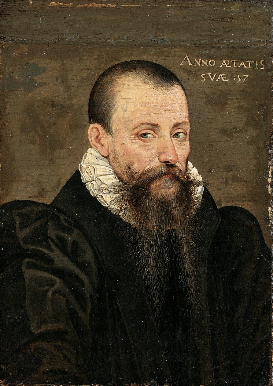 Portræt af Michel Eyquem de Montaigne (1533-1592), 57 år, lille halvlængde, i sort kostume og hvid krave (olie på panel) af French School