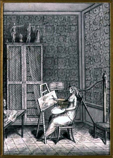 Portræt af Mme. Marie-Anne-Marguerite Gerard (1761-1837) i hendes studie, ca. 1790 (pen og blæk med vask på papir) af French School