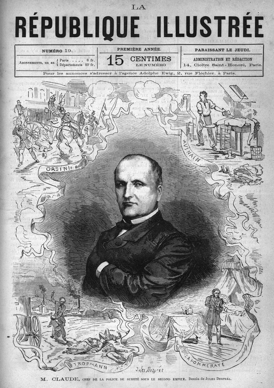 Portræt af Monsieur Claude (Antoine Francois Claude dit) (1807-1880), fransk politimand og forfatter, chef for sikkerhedspolitiet under Det Andet Imperium. En avis. Indgravering fra 1880 i "La republique illustree"" privatsamling. af French School