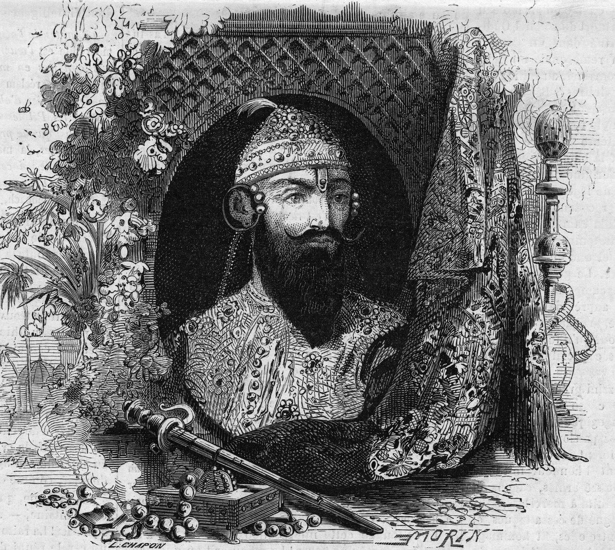 Portræt af Nana Saheb (Nana Sahib) (ved hendes rigtige navn Dhundu Pant) (ca. 1820-?), leder af Cipayas antikoloniale oprør i Indien. Indgravering i "" Le Monde Illustré"" nr. 331 af 15. august 1863. af French School