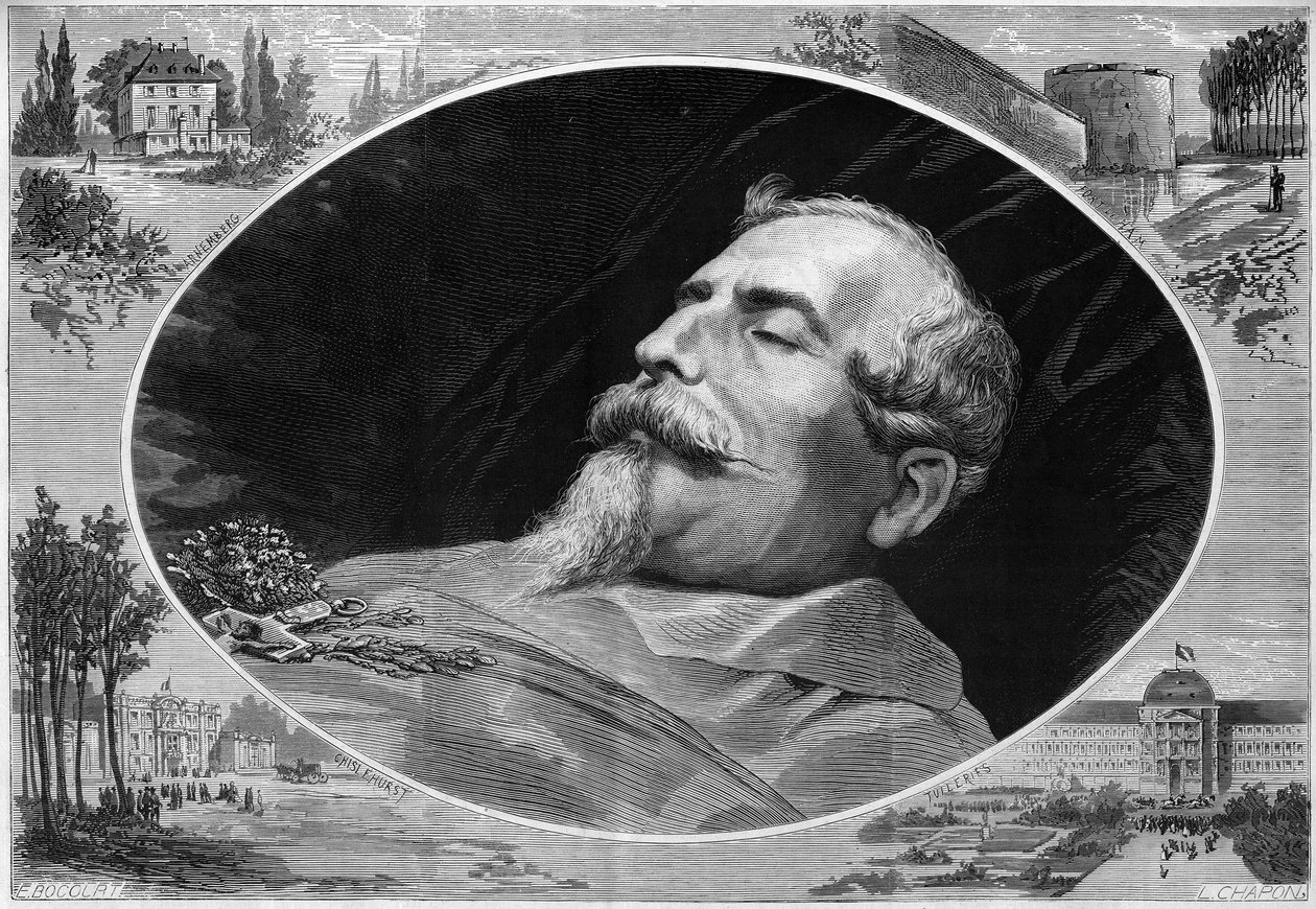 Portræt af Napoleon III (1808-1873), på hans dødsleje. Indgravering i "" Le Monde Illustré"" nr. 824 af 25. januar af French School