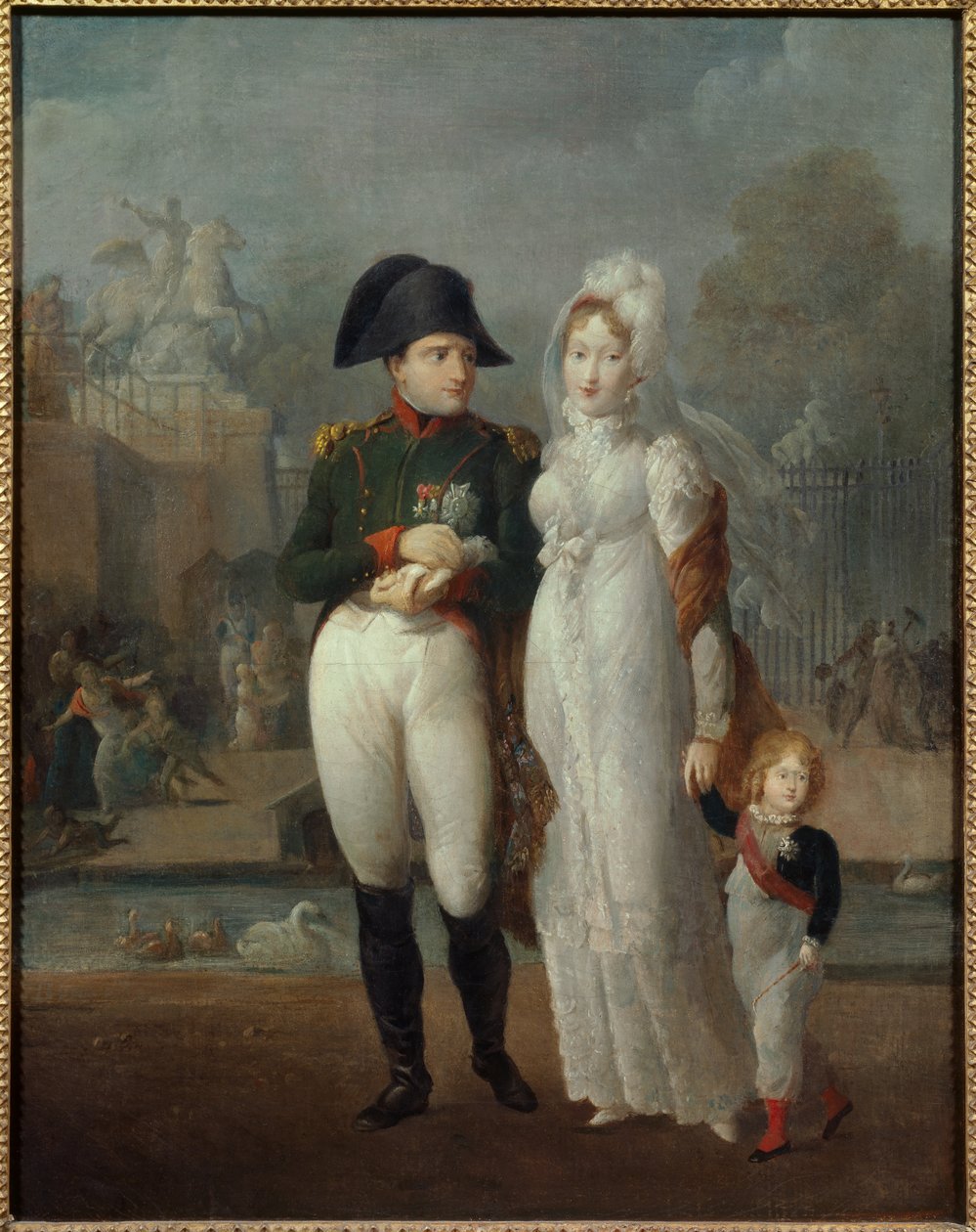 Portræt af Napoleon I (1769-1821) og Mary Louise med deres søn, konge af Rom Napoleon II, hertug af Reichstadt i Tuilerierne Anonymt maleri. 1800-tallets privatsamling - Portræt af Napoleon I (1769-1821) og Marie Louise med deres så af French School
