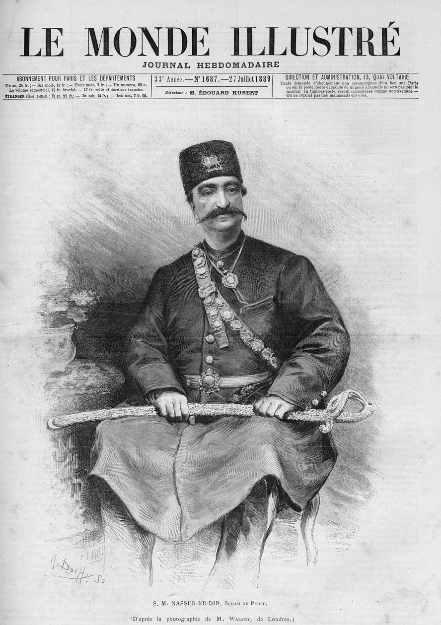 Portræt af Nasser Ed Din (1831-1896), Shah af Persien (Iran). Også kaldet Nasseredin Shah, Nasserer-al-Din Shah Qajar, Nasser al-Din Shah Qajar, Nasiruddin Shah. En af avisen "Le Monde Illustré"" No. 1687 den 27. Juli af French School