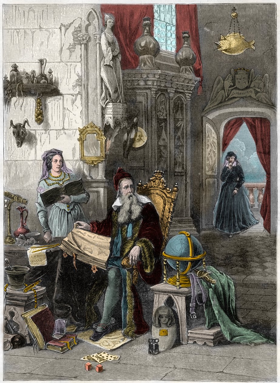 Portræt af Nostradamus, Michel de Notre Dame (1503-1566) fransk astrolog og læge med Catherine de Medicis (Caterina de Medici) (1519 - 1589) - 1800-tallet (gravering) af French School