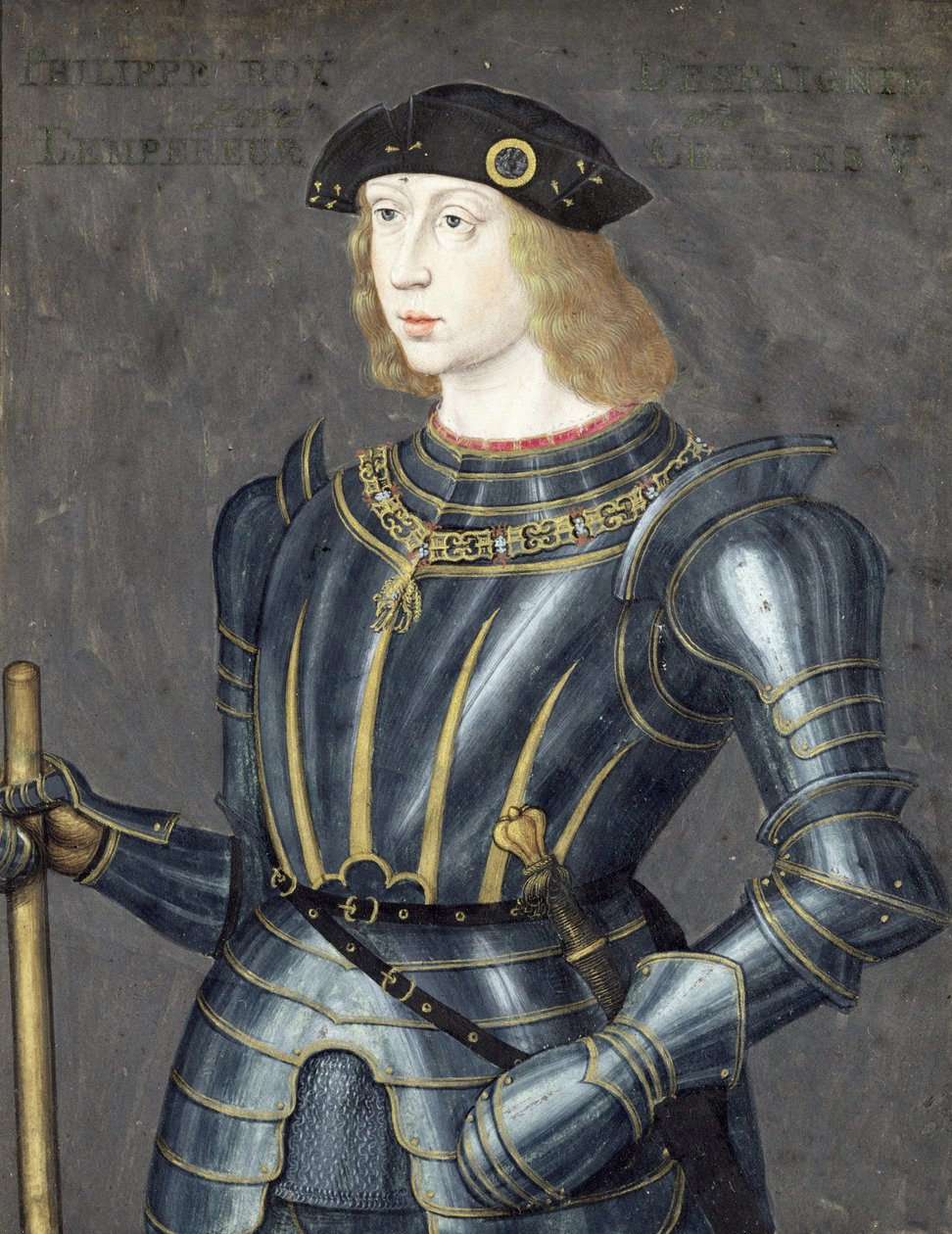 Portræt af Filip II af Spanien (kropsfarve & guld på vellum) af French School