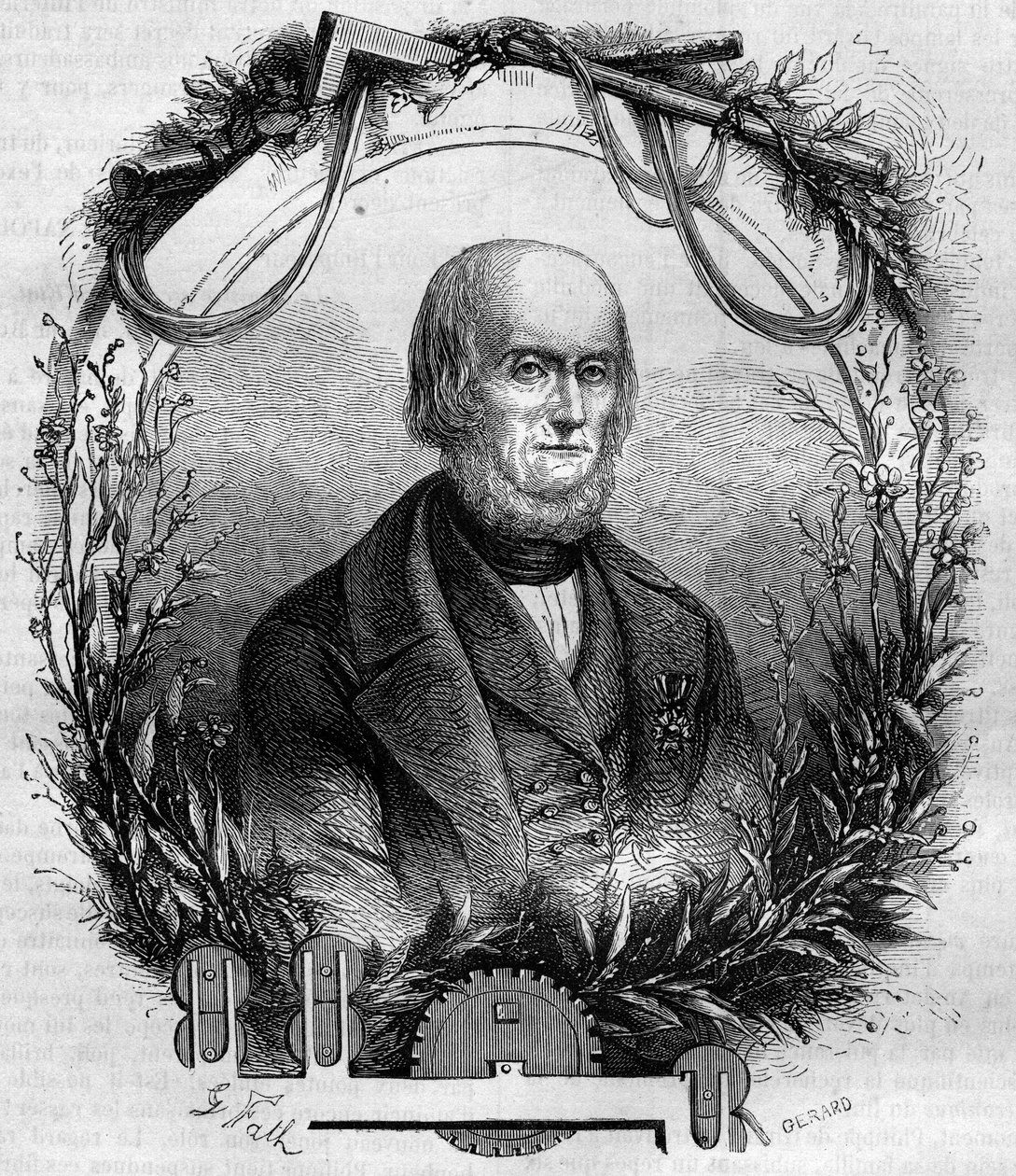 Portræt af Philippe de Girard (1775-1845), fransk opfinder og industrimand, skaberen af linnedspinnemaskinen. Stik fra 1866-1867. af French School