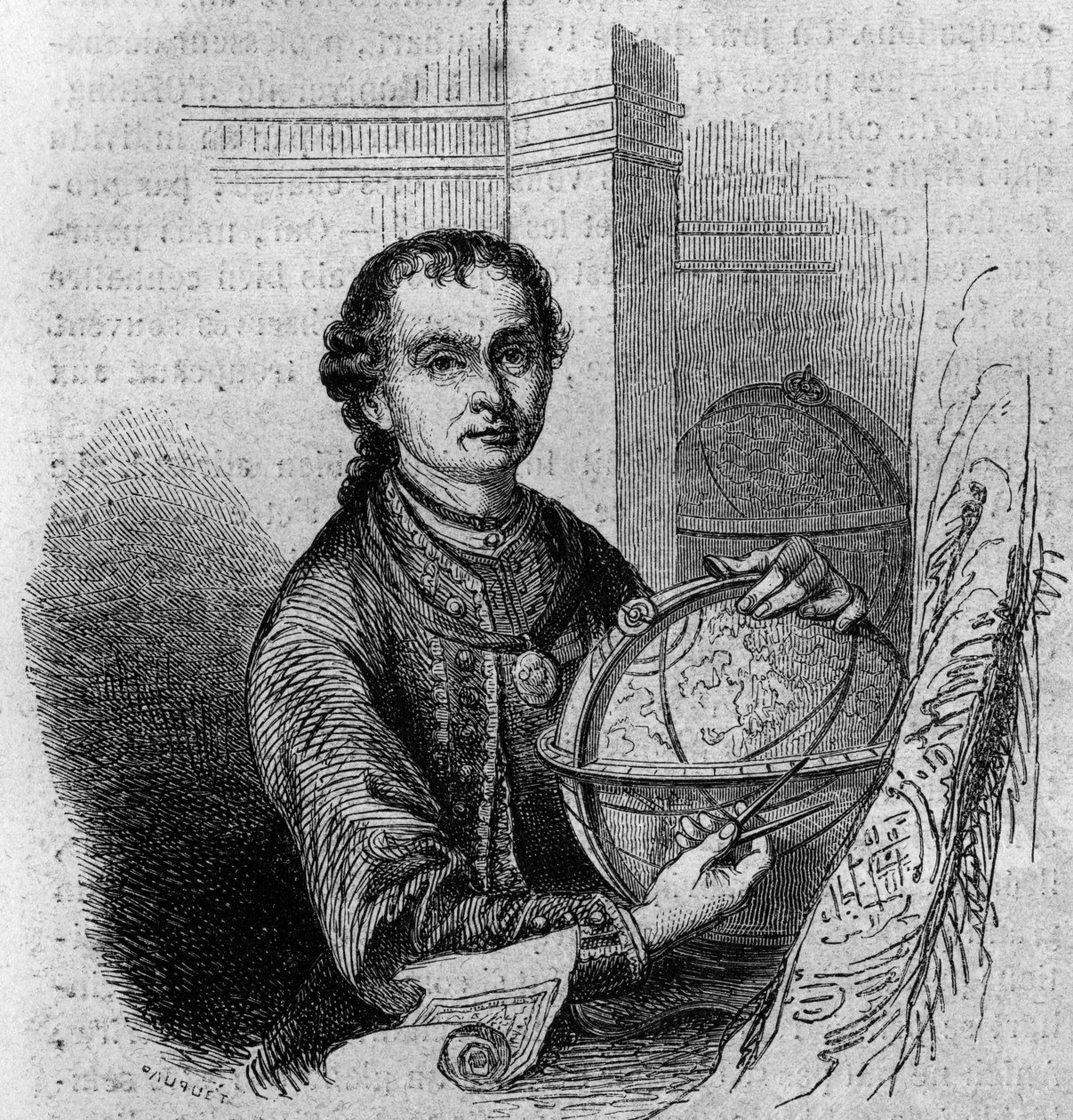 Portræt af Pierre (Peter) Anich (1723-1766), tyrolsk astronom og kartograf, med en globus og et kompas. Gravering i "" Le Magasin maleriske"" af French School