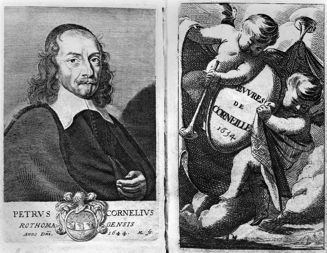 Portræt af Pierre Corneille (1606-84) 1644, frontispice til en udgave af Oeuvres de Corneille, udgivet i 1634 af French School