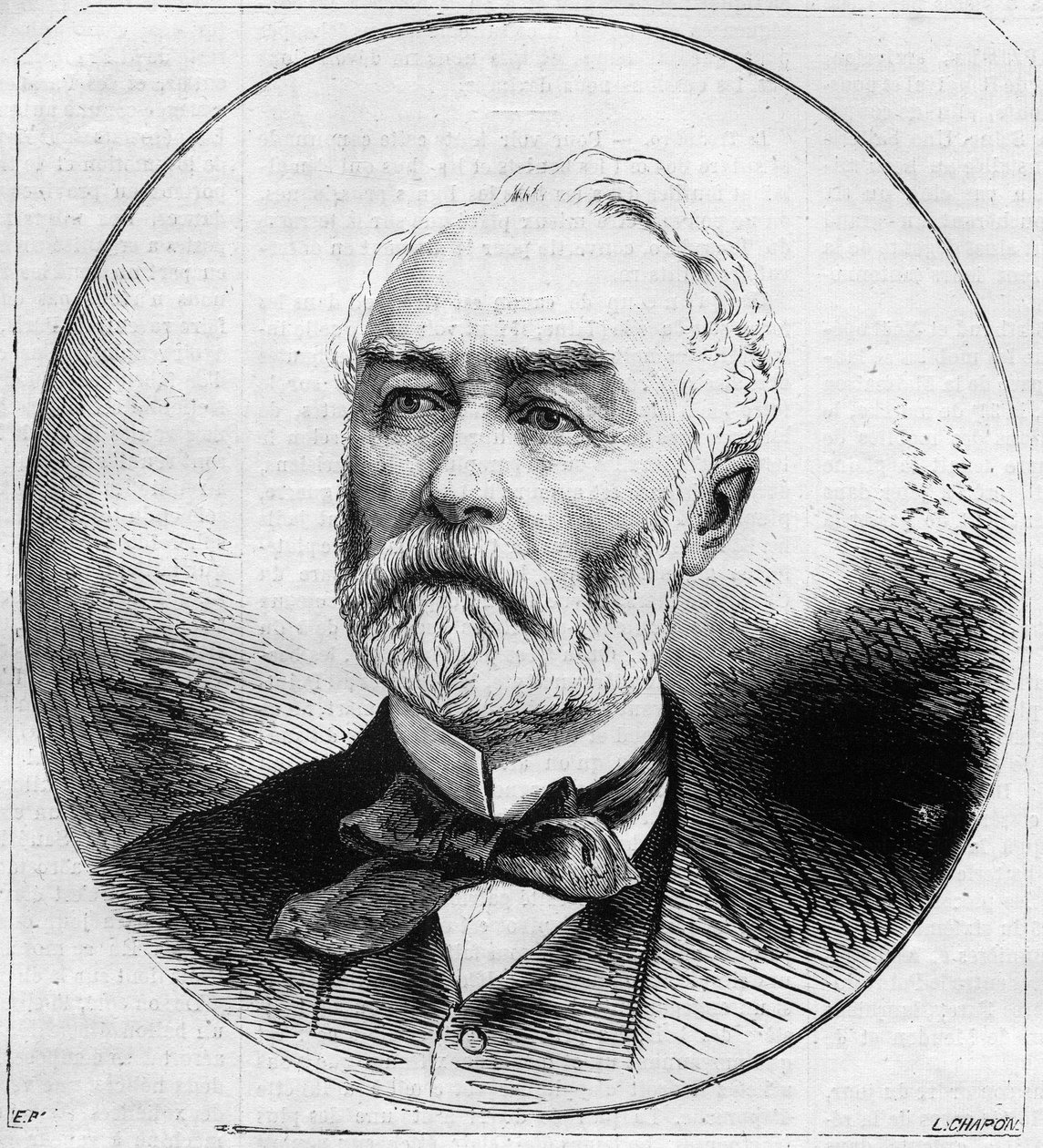 Portræt af Pierre Frederic Dorian (1814-1873), fransk politiker, minister for offentlige arbejder under Den Tredje Republik i 1870. Indgravering i "" Le Monde Illustré"" nr. 707 af 29. oktober af French School