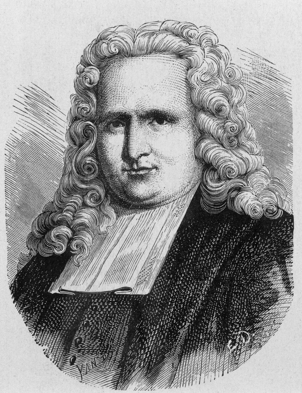 Portræt af Pieter (Petrus, Pierre) van Musschenbroek (1692 - 1761), hollandsk fysiker, opfinder i 1745 af den første elektriske kondensator (flaske Leiden) - i "" Album of Science; berømte videnskabsmænd; Store opdagelser””” 1896. af French School