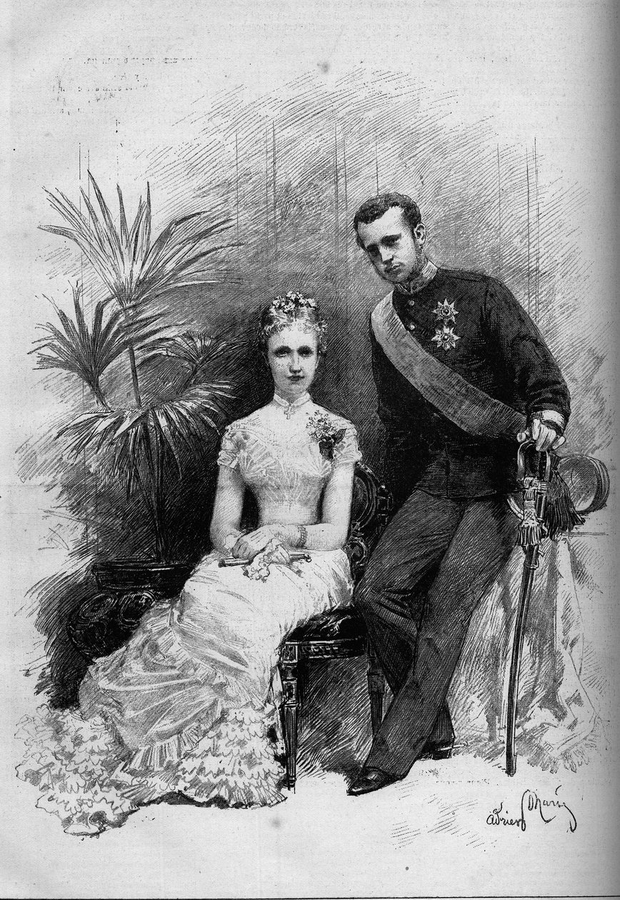 Portræt af prinsesse Stephanie af Belgien (1864-1945) og ærkehertug Rodolphe af Østrig (1858-1889). Indgravering i "" Le Monde Illustré"" nr. 1209 af 29. maj 1880. af French School