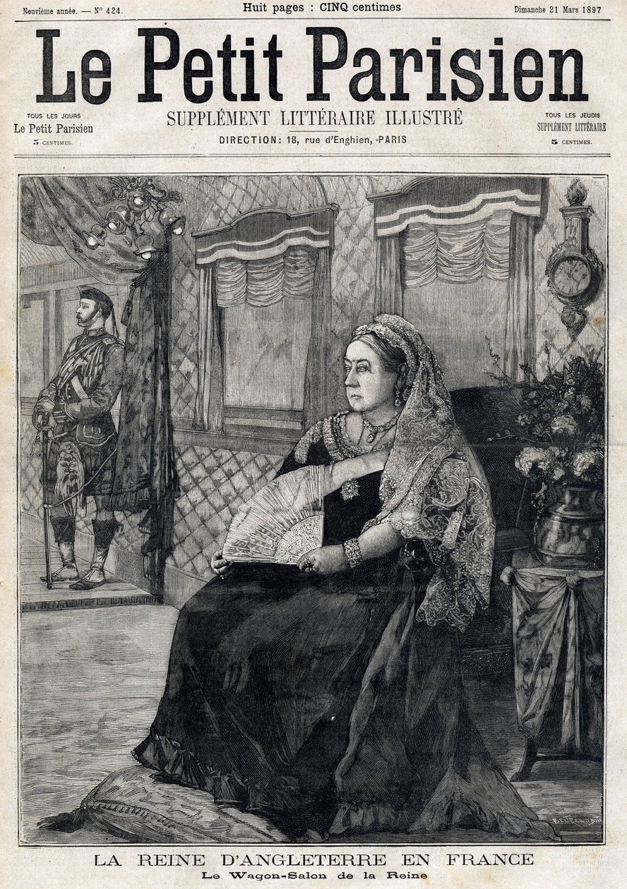 Portræt af dronning Victoria af England (1819-1901), der rejser gennem Frankrig i sin vognsalon. Forsiden af den franske avis Le petit Parisien. 21. marts af French School