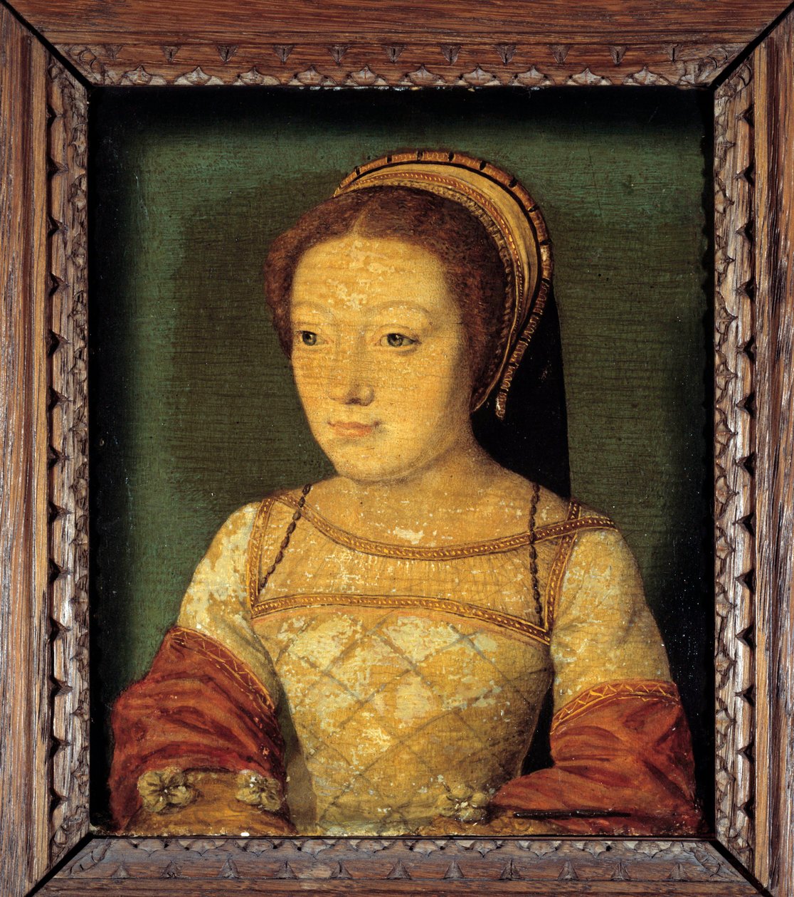 Portræt af Renee af Frankrig, datter af Ludvig XII, hertuginde af Ferrara (1510 - 1575). Olie på træ, 0,16 x 0,13 m. anonymt maleri. Fransk skole i det 16. århundrede. af French School